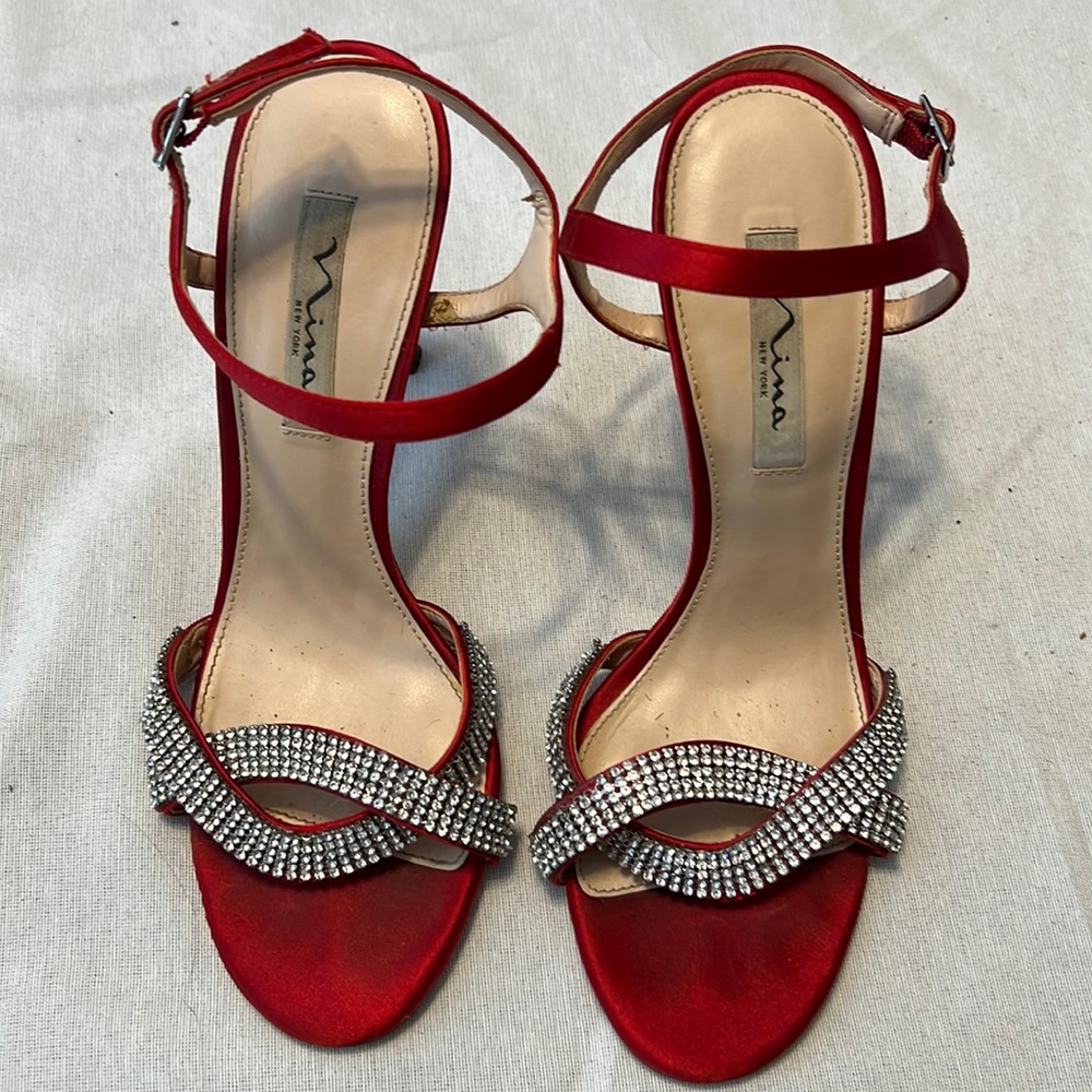 ⭐️ Nina red satin strappy open toe rhinestone adorned no size see pic size 9